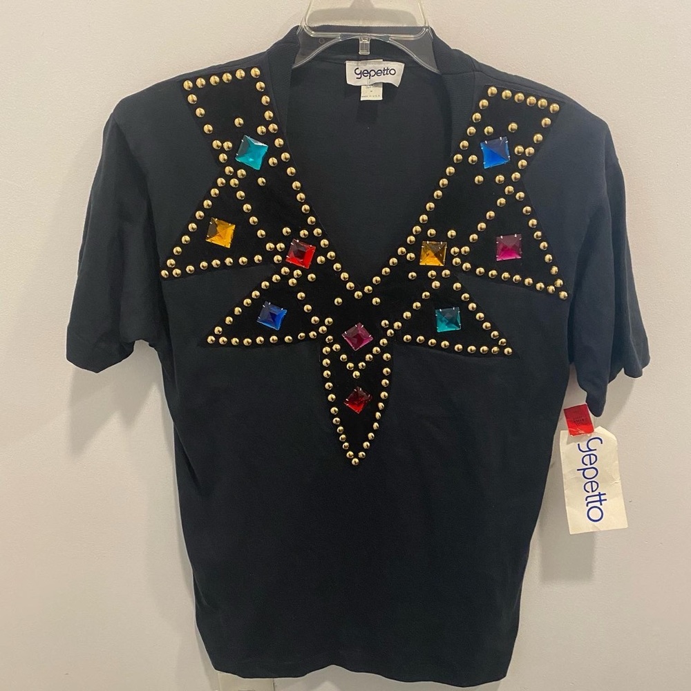 Vintage Gepetto Bedazzled Bejeweled Black Blouse